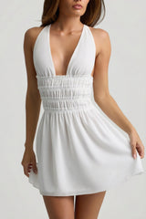 Plunge Cross-Back Mini Dress in White
