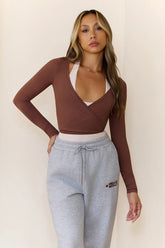 BASE Contour Ballerina Wrap Long Sleeve Crop Top Chocolate