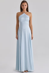 blue satin halter neck godet maxi dress