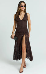 Rosanna Midi Dress - Plunge Lace Fit And Flare Dress in Chocolate