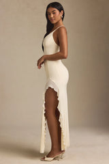 Ruched Ruffle-Trim Maxi Dress in Ivory