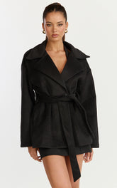 Dahlia Coat - Single Breasted Belted Short Wool Like Coat in Black
