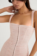 crystal ruched mesh mini dress