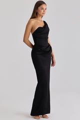 black satin one shoulder maxi dress