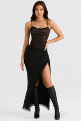 black satin lace trim midi skirt