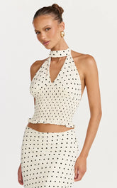 Charlotte Top - Polka Dot Halter Neck Top in White & Black Polka Dots