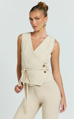 Hera Top - V Neck Vest Top With Tie Waist in Putty