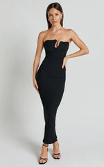 Alberta Midi Dress - Strapless bust detail textured dress in Black