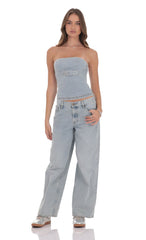 Belted Denim Top in Washed Blue