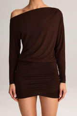Modal Off-Shoulder Wrap Mini Dress in Chocolate Brown