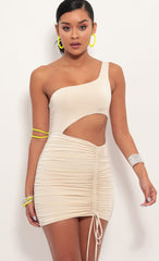 One shoulder Ruched Cutout Dress in Champagne