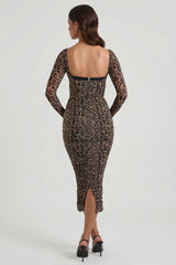 Layered Bra-Detail Ruched Midaxi Dress in Leopard Print