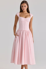 pink cotton cap sleeve midi dress
