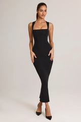 Modal Square-Neck Bodycon Midi Dress in Black