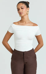 Gena Top - Off Shoulder Gathered Short Sleeve Top in Cream