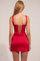 Satin Sweetheart-Neck A-Line Mini Dress in Rose Red