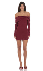 Ribbed Twist Off Shoulder Dress in Plum