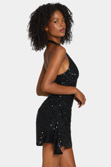 Embellished Draped Corset A-Line Mini Dress in Black