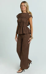 Auric Two Piece Set - Ruched Detail Top and Wide Leg Pants Set in Brown