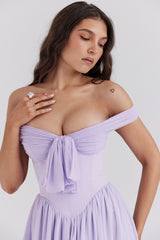 orchid off shoulder mini dress