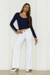 BASE Luxe Rib V Neck Button Long Sleeve Top Navy