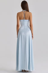 blue satin halter neck godet maxi dress
