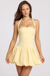 Halterneck Lace-Up Bubble Hem Corset Micro Mini Dress in Butter Yellow