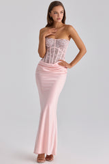 pink lace + satin maxi corset dress