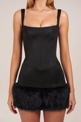 Satin Square-Neck Corset Faux-Fur Mini Dress in Black