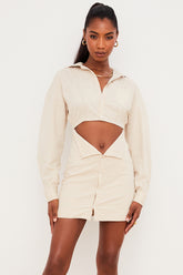 beige linen cutout shirt dress