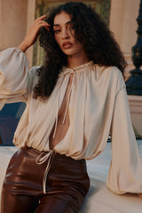 ecru satin open front blouse