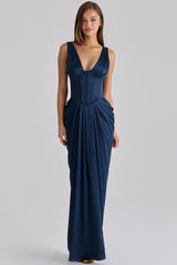 navy satin corset maxi dress