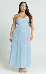 Brette Midi Dress - Linen Straight Neck Strappy Fit And Flare Dress in Blue