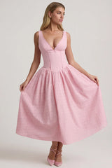 Broderie Anglaise Bow-Detail A-Line Midaxi Dress in Soft Pink