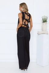 It-Girl Denim Crop Top Wide Leg Pants Set Dark Blue