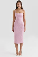 pink jacquard lace up bodycon midi dress