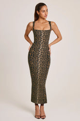 Modal Square-Neck Bodycon Midi Dress in Leopard Print