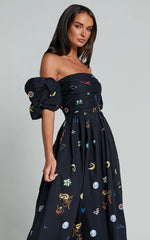 Brianna Midi Dress - Off Shoulder Dress in Black Print