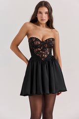 black lace and satin strapless mini dress