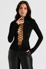 black crystallised lace up top