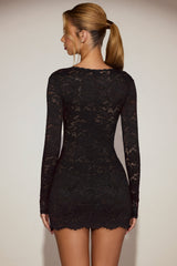 Scalloped-Lace Long-Sleeve Mini Dress in Black