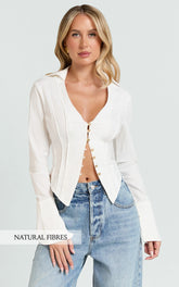 Olinka Top - V Neck Fitted Button Front Shirt in White