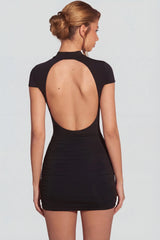 Jersey Turtleneck Ruched Backless Mini Dress in Black