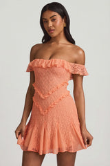 Off-Shoulder Lace A-Line Mini Dress in Peach