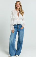 Safiya Top - Tie Front Ruffle Sleeve Blouse Top in White