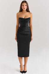 black satin strapless midi dress