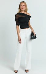 Sophia Top - Draped One Shoulder Mesh Overlay Top in Black