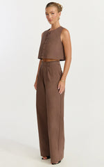 Valencia Two Piece Top and Pants Set - Button Front Vest and High Waisted Pants Set in Mocha