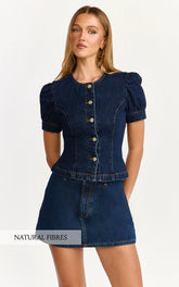 Sophie Top - Puff Sleeve Button Down Denim Top in Indigo