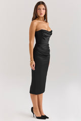 black satin strapless midi dress